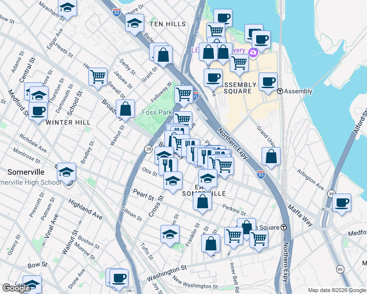 map of restaurants, bars, coffee shops, grocery stores, and more near 149 Broadway in Somerville