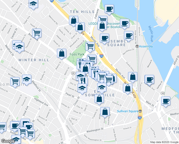 map of restaurants, bars, coffee shops, grocery stores, and more near 174 Broadway in Somerville