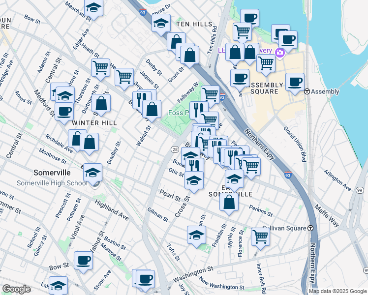 map of restaurants, bars, coffee shops, grocery stores, and more near 23 Bonair Street in Somerville