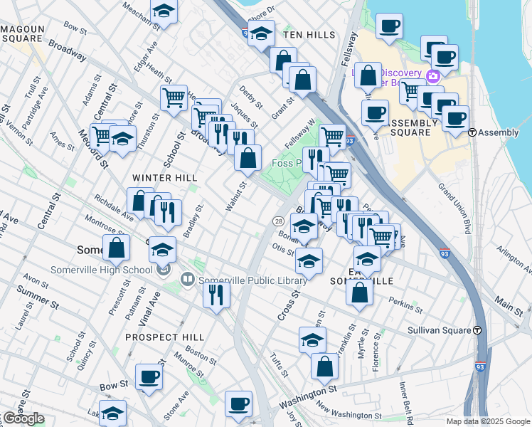 map of restaurants, bars, coffee shops, grocery stores, and more near in Somerville