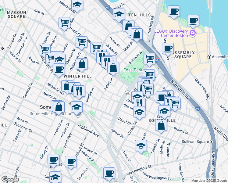 map of restaurants, bars, coffee shops, grocery stores, and more near 39 Wigglesworth Street in Somerville
