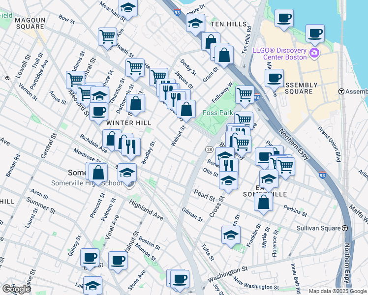 map of restaurants, bars, coffee shops, grocery stores, and more near 39 Wigglesworth Street in Somerville