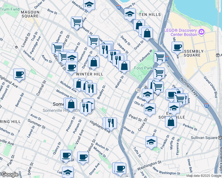 map of restaurants, bars, coffee shops, grocery stores, and more near 132 Walnut Street in Somerville