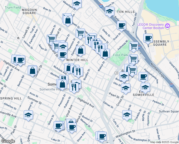 map of restaurants, bars, coffee shops, grocery stores, and more near 19 Bradley Street in Somerville