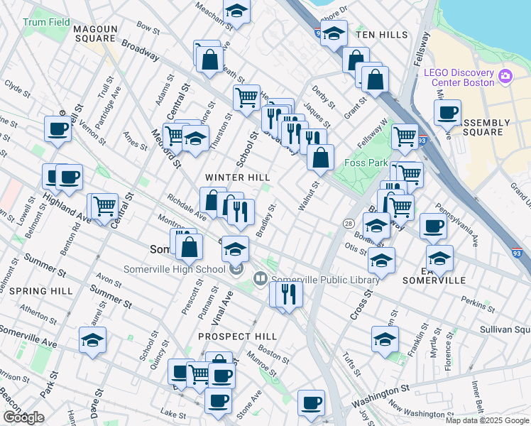 map of restaurants, bars, coffee shops, grocery stores, and more near 19 Bradley Street in Somerville