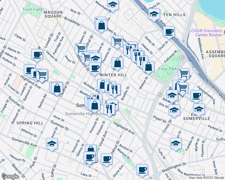 map of restaurants, bars, coffee shops, grocery stores, and more near 94 Marshall Street in Somerville