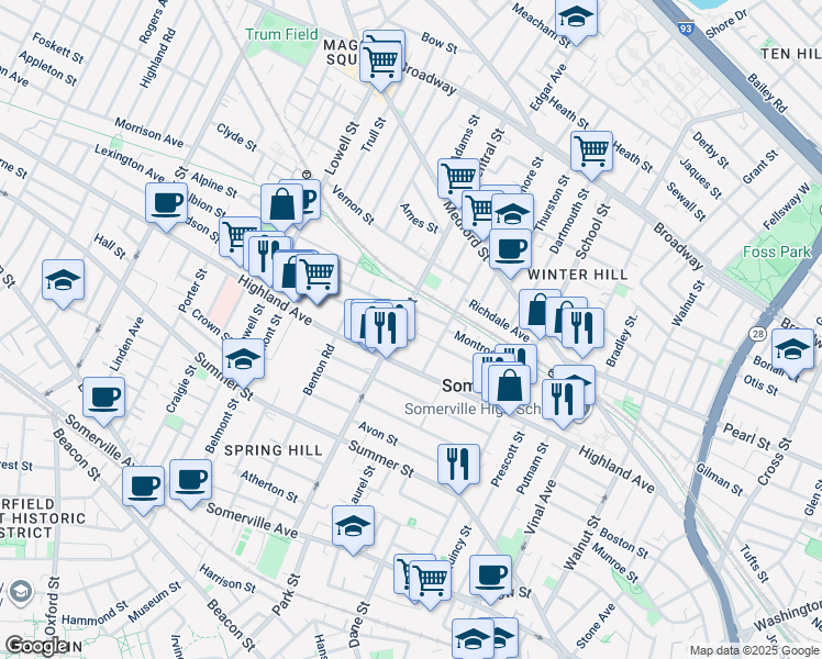 map of restaurants, bars, coffee shops, grocery stores, and more near 149a Highland Avenue in Somerville