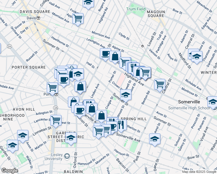 map of restaurants, bars, coffee shops, grocery stores, and more near 47 Porter Street in Somerville