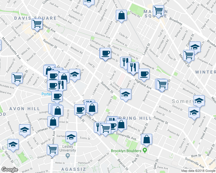 map of restaurants, bars, coffee shops, grocery stores, and more near 47 Porter Street in Somerville