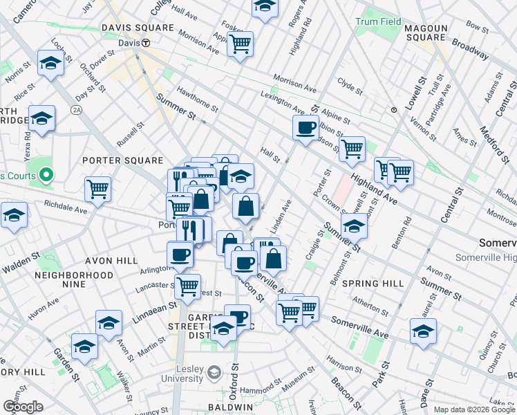 map of restaurants, bars, coffee shops, grocery stores, and more near in Somerville