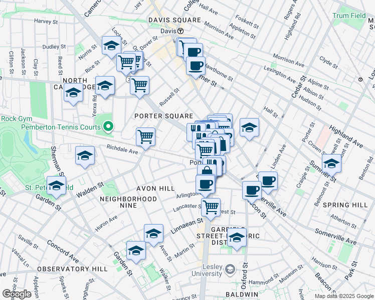map of restaurants, bars, coffee shops, grocery stores, and more near 1 Richdale Avenue in Cambridge