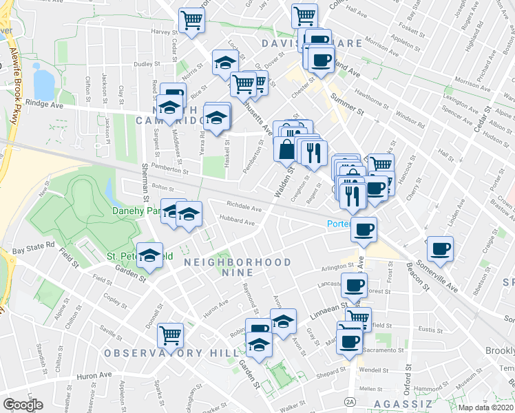 map of restaurants, bars, coffee shops, grocery stores, and more near 77 Walden Street in Cambridge