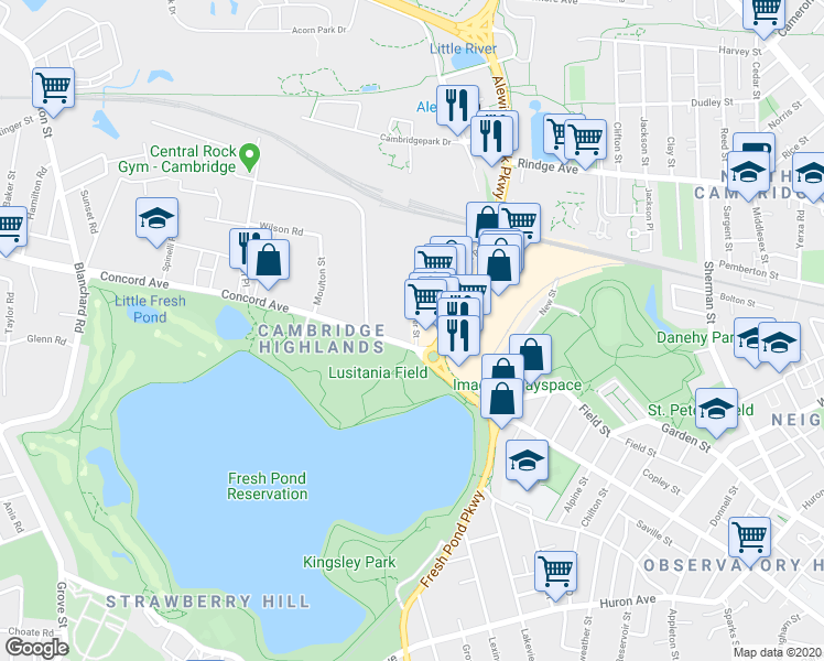 map of restaurants, bars, coffee shops, grocery stores, and more near in Cambridge