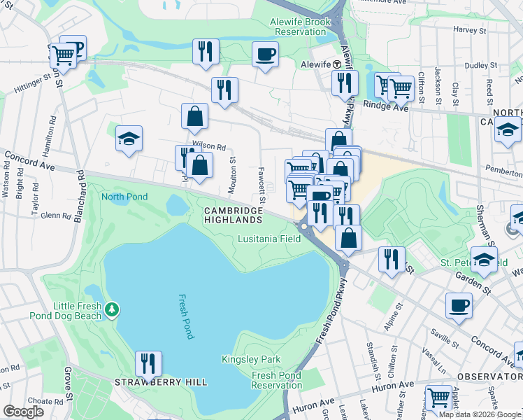map of restaurants, bars, coffee shops, grocery stores, and more near 615 Concord Avenue in Cambridge