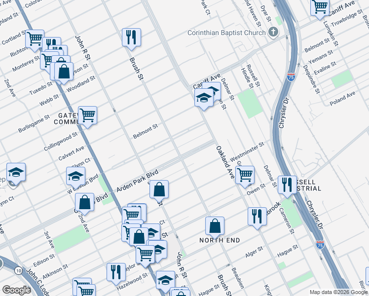 map of restaurants, bars, coffee shops, grocery stores, and more near 500 Arden Park Boulevard in Detroit