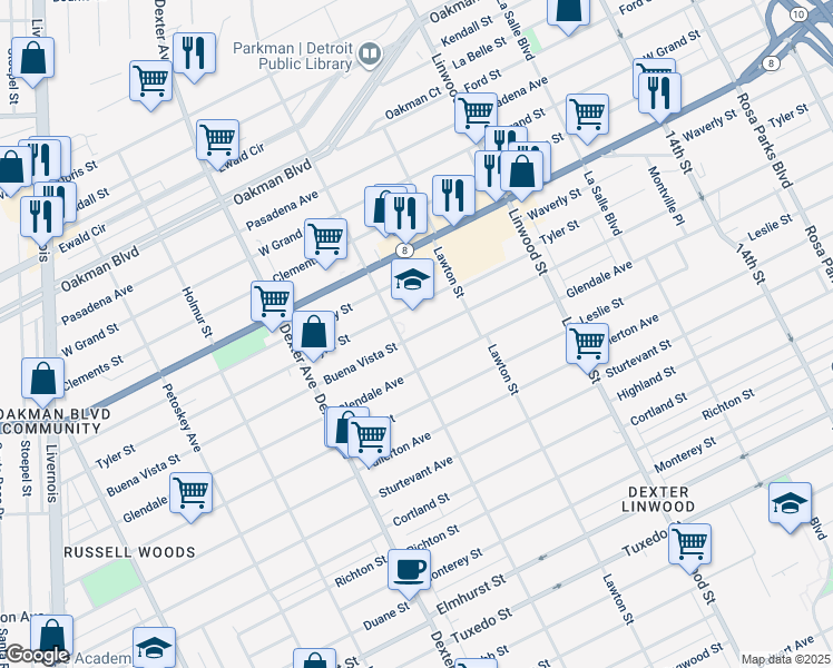 map of restaurants, bars, coffee shops, grocery stores, and more near 3046 Glendale Avenue in Detroit