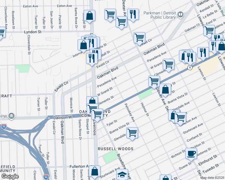 map of restaurants, bars, coffee shops, grocery stores, and more near 4286 Clements Street in Detroit