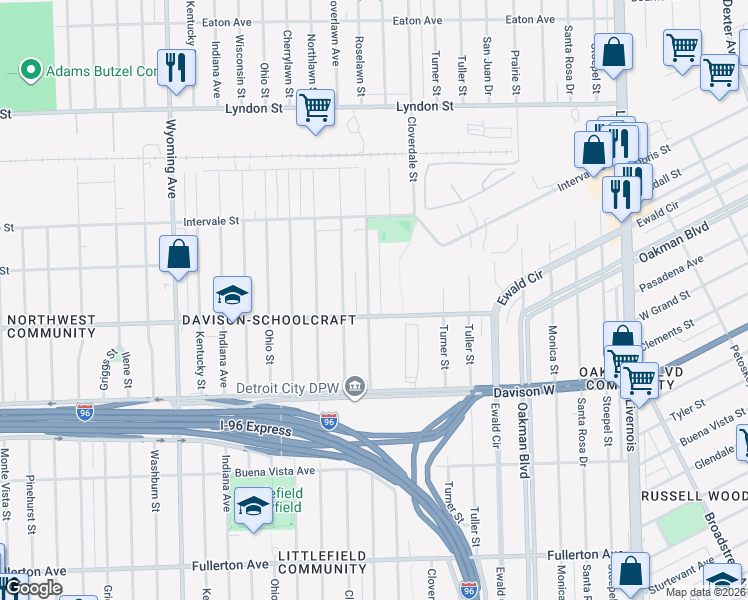 map of restaurants, bars, coffee shops, grocery stores, and more near 13651 Roselawn Street in Detroit