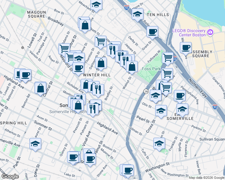 map of restaurants, bars, coffee shops, grocery stores, and more near 19 Bradley Street in Somerville