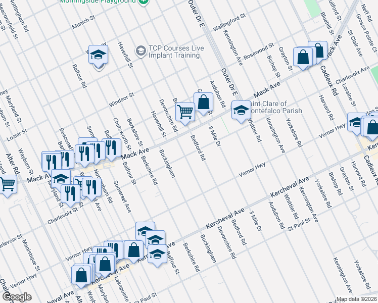 map of restaurants, bars, coffee shops, grocery stores, and more near 1372 Devonshire Road in Grosse Pointe Park