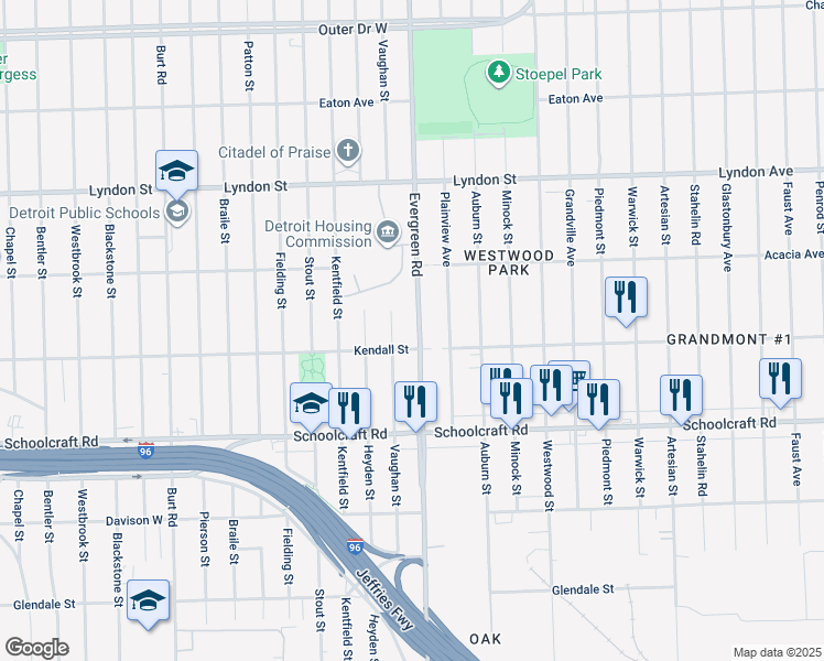 map of restaurants, bars, coffee shops, grocery stores, and more near 14135 Evergreen Road in Detroit