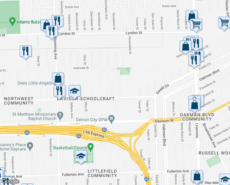 map of restaurants, bars, coffee shops, grocery stores, and more near 13933 Roselawn Street in Detroit