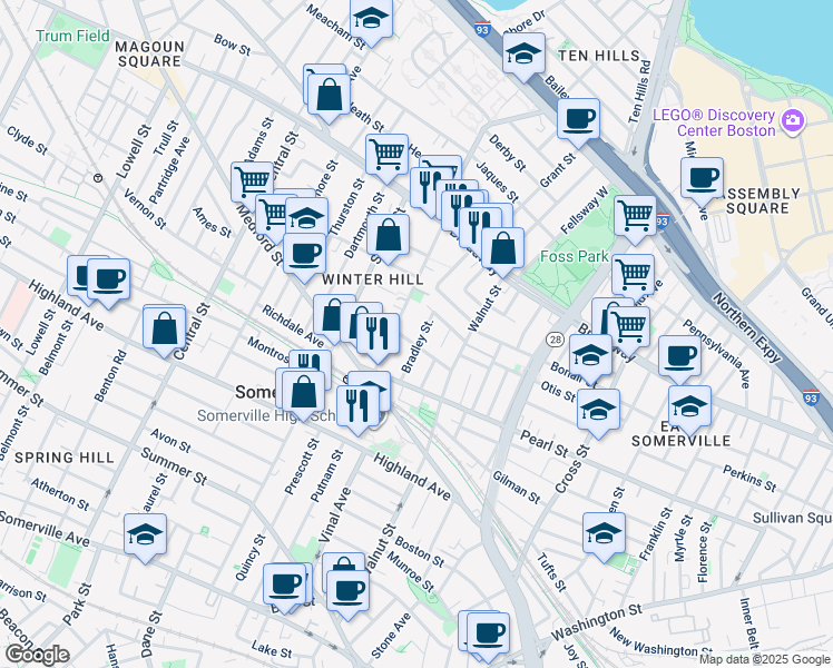 map of restaurants, bars, coffee shops, grocery stores, and more near 19 Bradley Street in Somerville