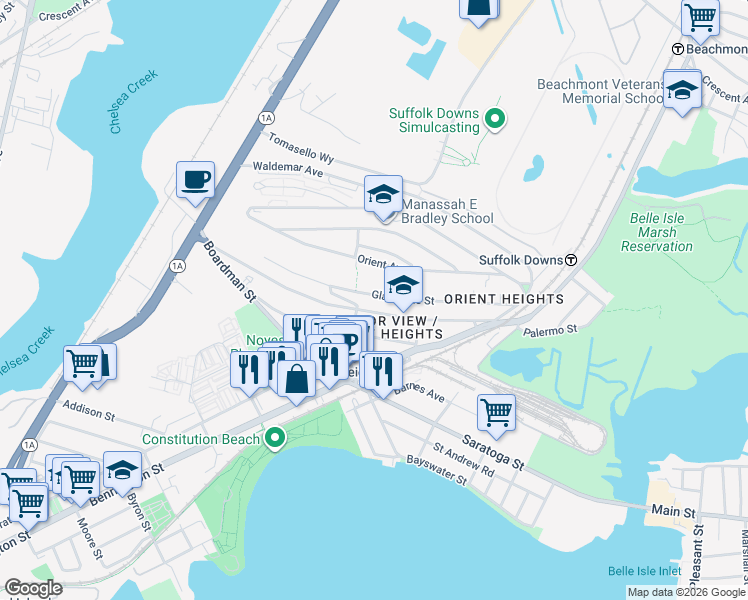 map of restaurants, bars, coffee shops, grocery stores, and more near 120 Gladstone Street in Boston
