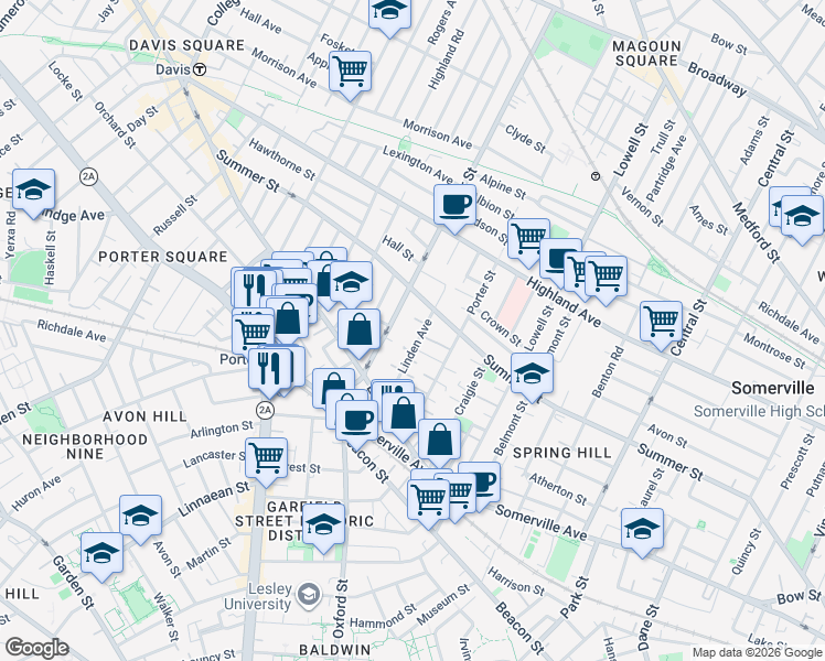 map of restaurants, bars, coffee shops, grocery stores, and more near 29a Linden Avenue in Somerville