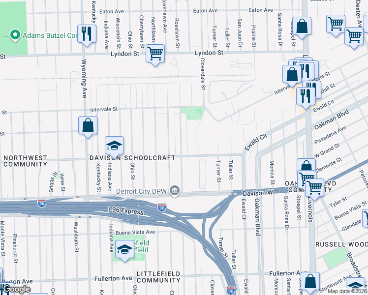 map of restaurants, bars, coffee shops, grocery stores, and more near 13651 Roselawn Street in Detroit
