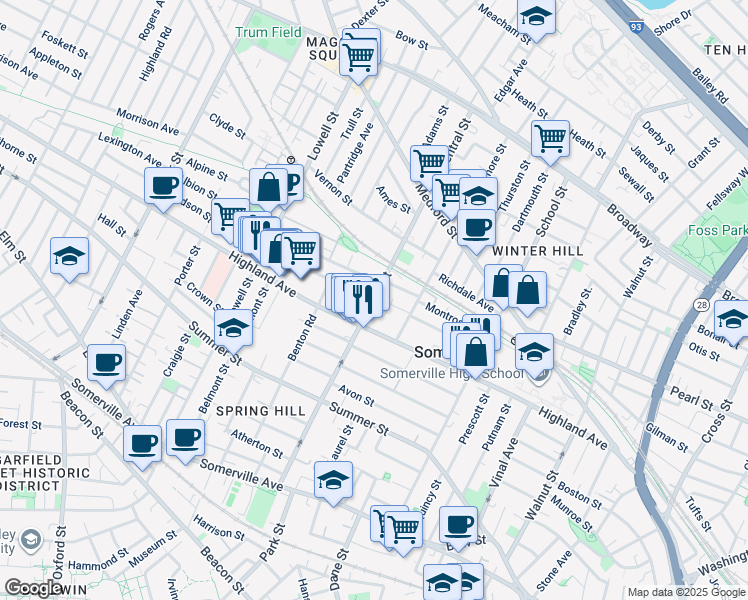 map of restaurants, bars, coffee shops, grocery stores, and more near Central St & Hudson St in Somerville