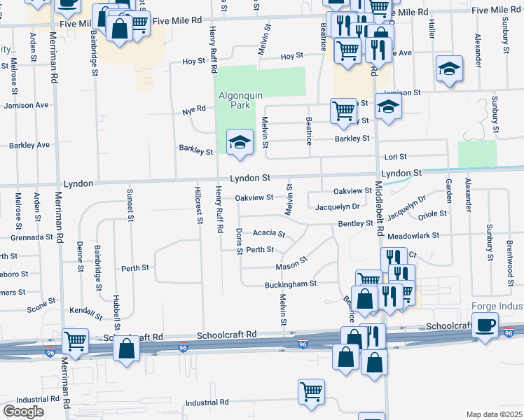 map of restaurants, bars, coffee shops, grocery stores, and more near 30230 Oakview Avenue in Livonia