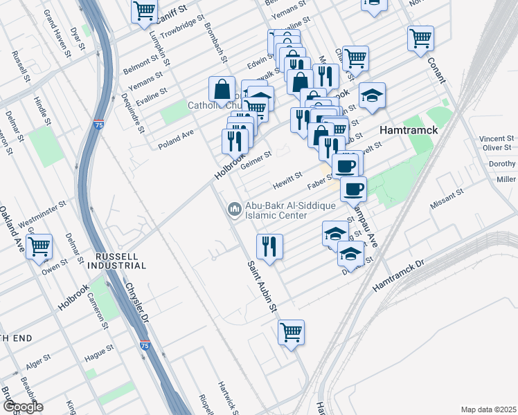 map of restaurants, bars, coffee shops, grocery stores, and more near 2231 Hewitt Street in Hamtramck
