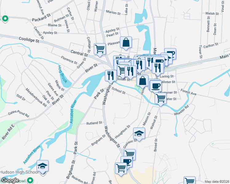 map of restaurants, bars, coffee shops, grocery stores, and more near 17 School Street in Hudson