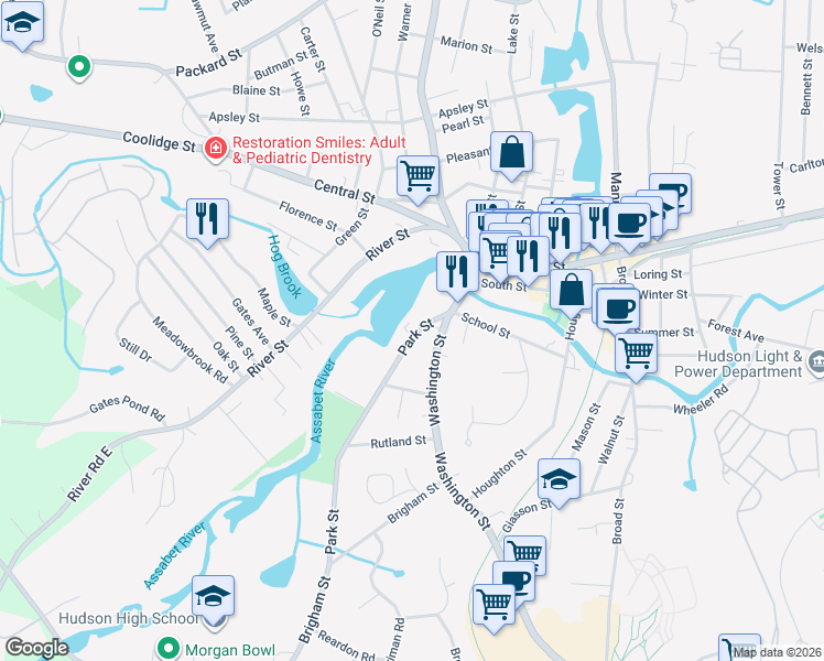 map of restaurants, bars, coffee shops, grocery stores, and more near 21 Park Street in Hudson