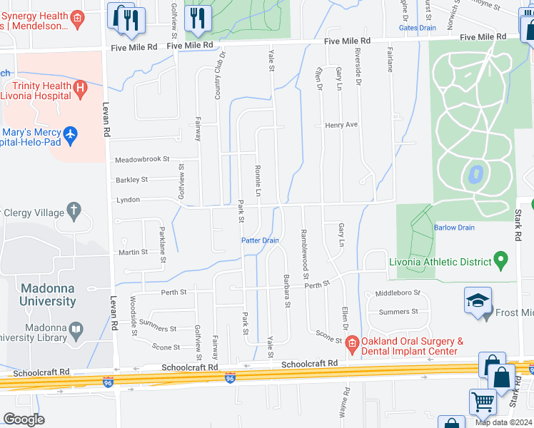 map of restaurants, bars, coffee shops, grocery stores, and more near 14492 Ronnie Lane in Livonia