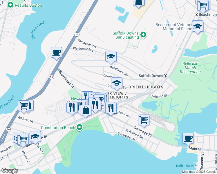 map of restaurants, bars, coffee shops, grocery stores, and more near 145 Gladstone Street in Boston