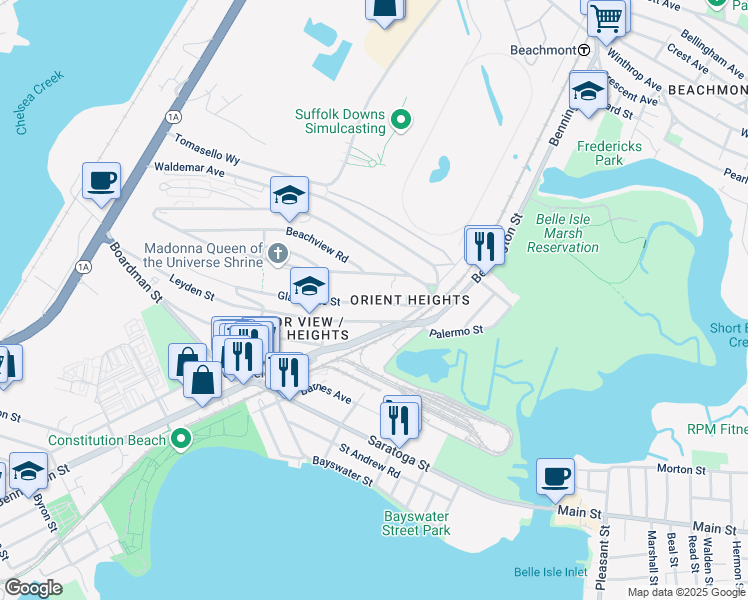 map of restaurants, bars, coffee shops, grocery stores, and more near 42 Orient Avenue in Boston