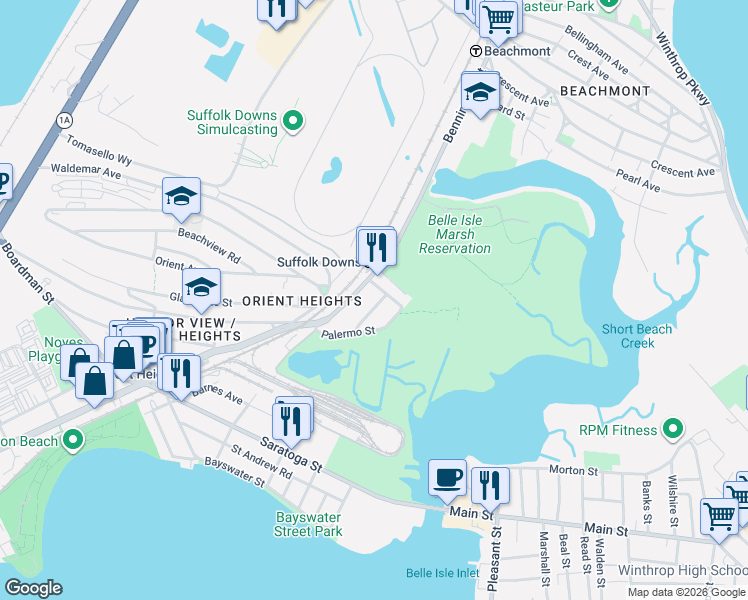 map of restaurants, bars, coffee shops, grocery stores, and more near 1233 Bennington Street in Boston