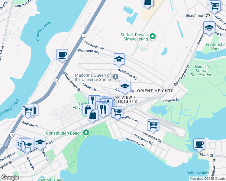 map of restaurants, bars, coffee shops, grocery stores, and more near 145 Gladstone Street in Boston