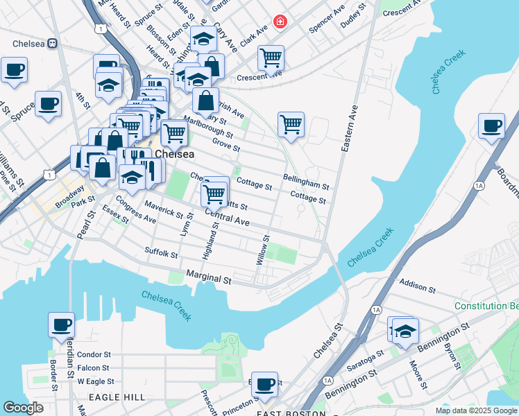 map of restaurants, bars, coffee shops, grocery stores, and more near 162 Chester Avenue in Chelsea