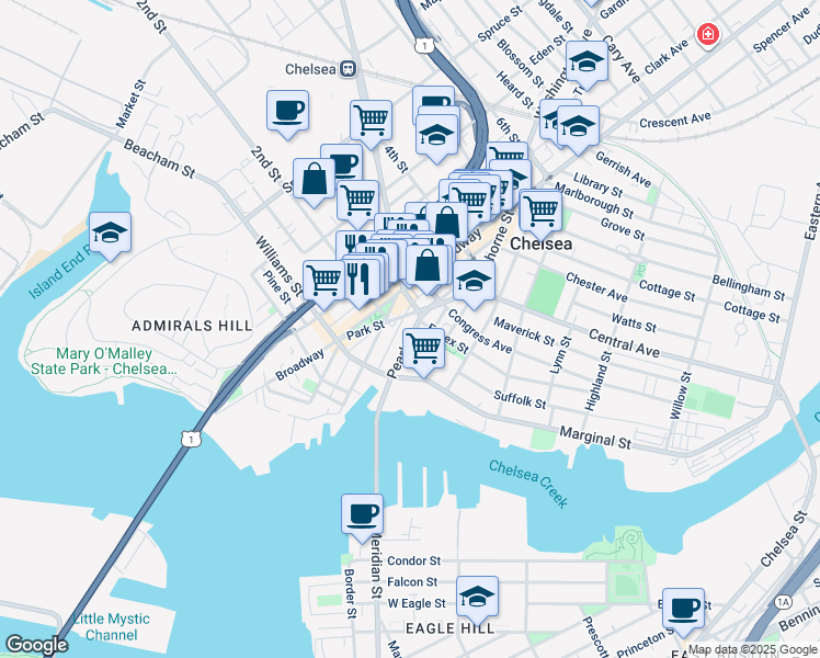 map of restaurants, bars, coffee shops, grocery stores, and more near 177 Winnisimmet Street in Chelsea