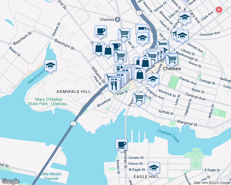 map of restaurants, bars, coffee shops, grocery stores, and more near 59 Cherry Street in Chelsea