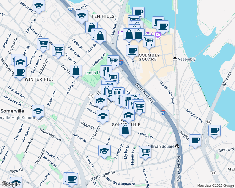 map of restaurants, bars, coffee shops, grocery stores, and more near 38 Cross Street East in Somerville