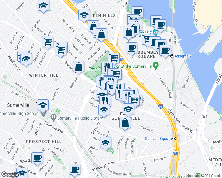 map of restaurants, bars, coffee shops, grocery stores, and more near 17 Kensington Avenue in Somerville