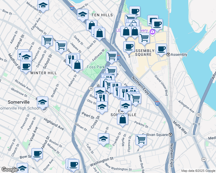 map of restaurants, bars, coffee shops, grocery stores, and more near 17 Kensington Avenue in Somerville