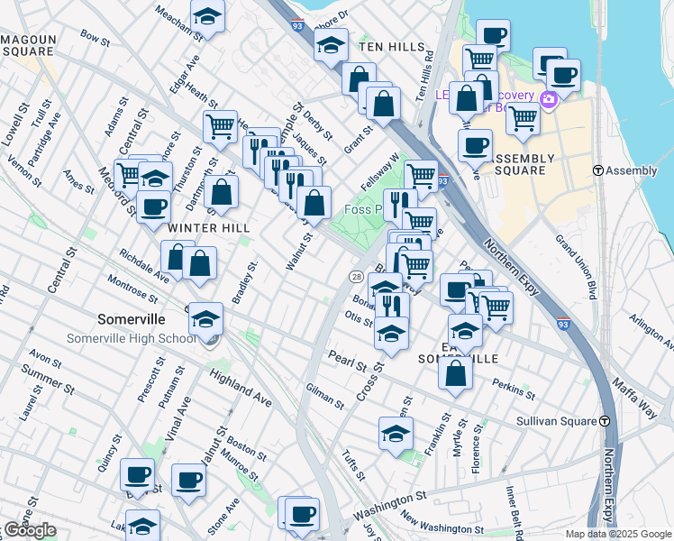 map of restaurants, bars, coffee shops, grocery stores, and more near 1 Melvin Street in Somerville