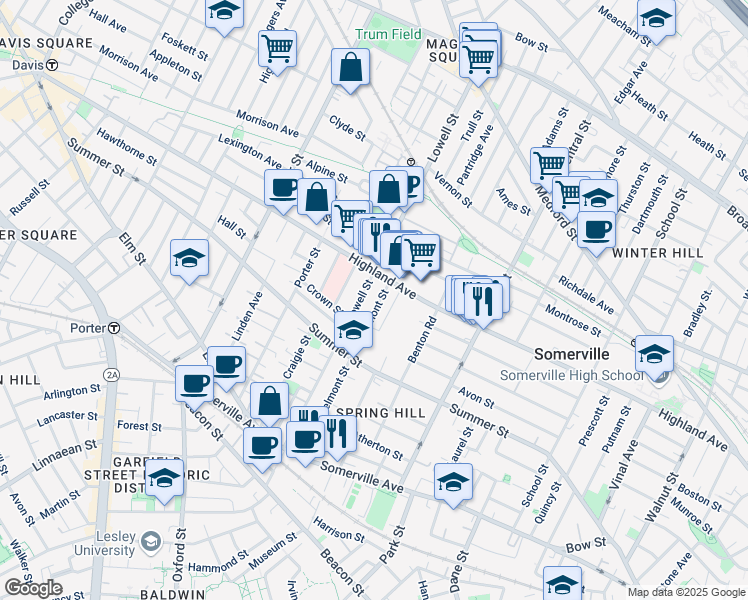 map of restaurants, bars, coffee shops, grocery stores, and more near 219 Highland Avenue in Somerville