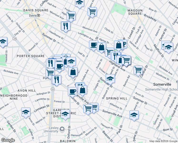 map of restaurants, bars, coffee shops, grocery stores, and more near 9 Porter Avenue in Somerville