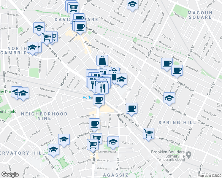 map of restaurants, bars, coffee shops, grocery stores, and more near 49 White Street in Cambridge